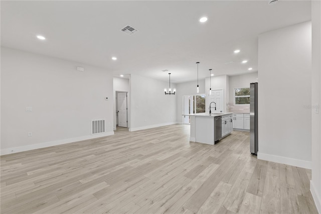 kitchen with hanging light fixtures, appliances with stainless steel finishes, sink, a kitchen island with sink, and light hardwood / wood-style floors