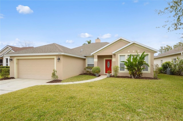 ranch-style house featuring cooling unit, a front yard, and a garage