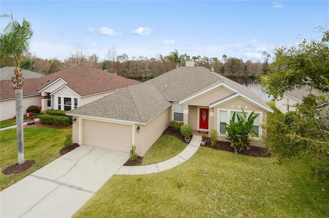 ranch-style house featuring a garage, a water view, and a front lawn