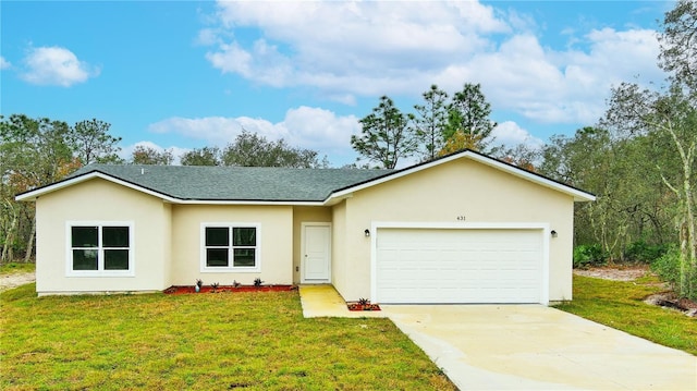 single story home featuring a front yard and a garage