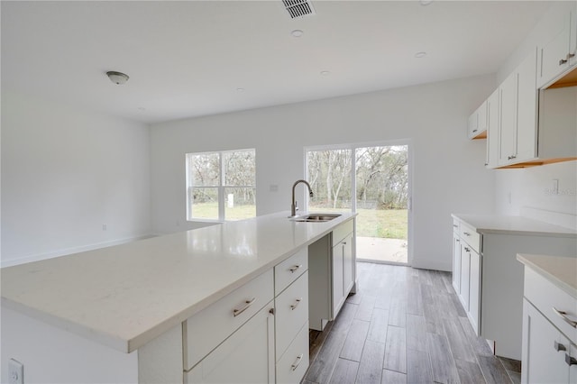 kitchen featuring sink, a center island with sink, white cabinets, and light wood-type flooring