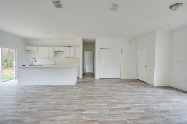 unfurnished living room with light hardwood / wood-style floors and sink