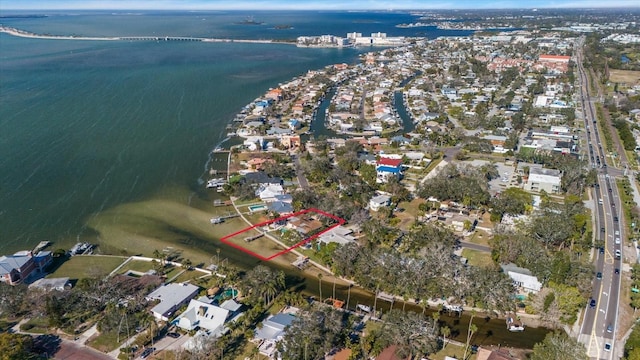 bird's eye view with a water view