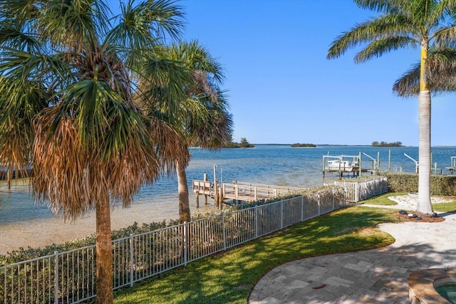 property view of water with a dock and fence