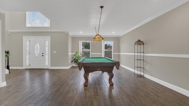 game room with pool table, dark hardwood / wood-style flooring, and crown molding