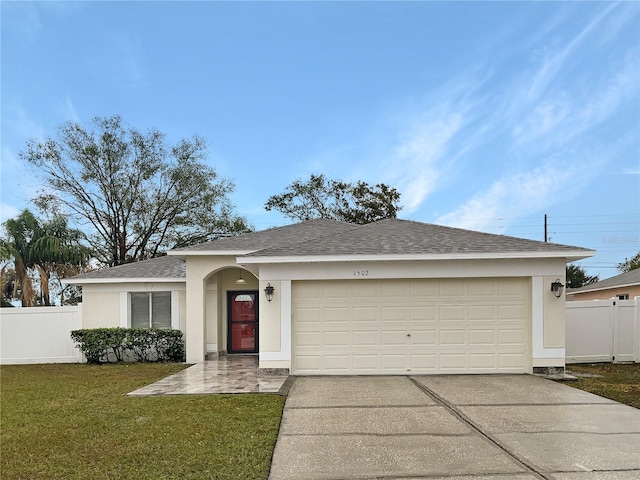 ranch-style home featuring a garage and a front yard