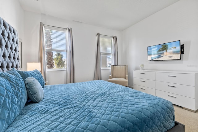 bedroom featuring light colored carpet