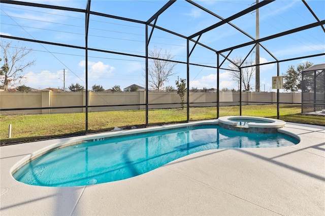 view of pool with glass enclosure, an in ground hot tub, and a patio area