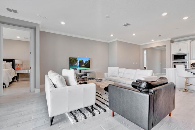 living room with crown molding