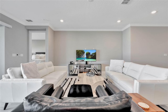 living room with ornamental molding