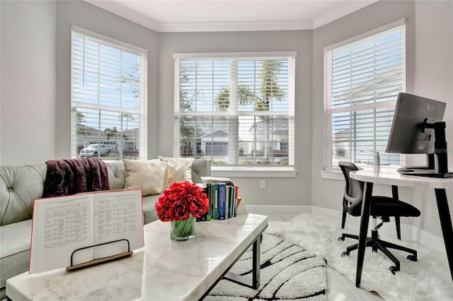 carpeted home office with ornamental molding