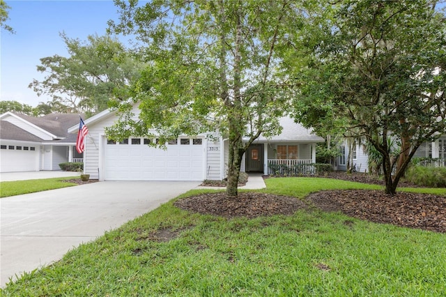 ranch-style house with a garage, a front lawn, and covered porch