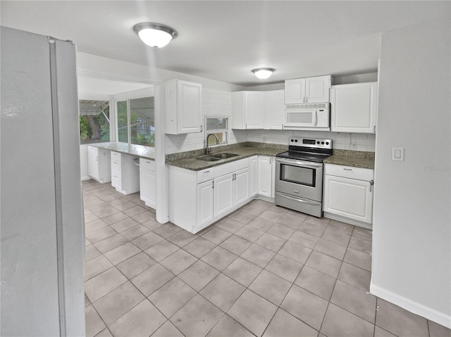 kitchen with sink, stainless steel range with electric stovetop, white cabinetry, backsplash, and light tile patterned flooring