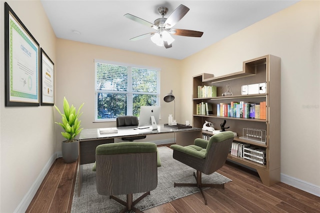 office space with ceiling fan and dark hardwood / wood-style floors