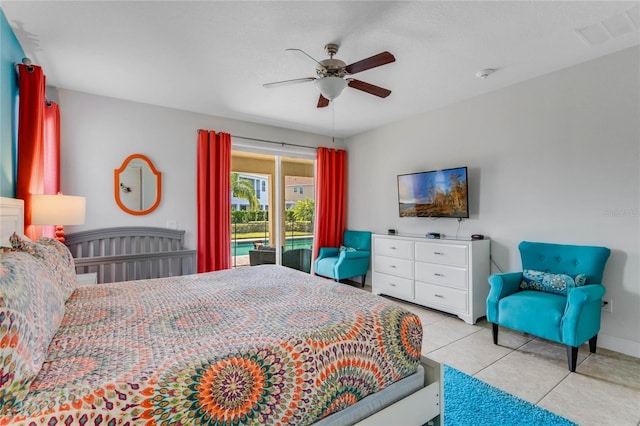 tiled bedroom featuring access to exterior and ceiling fan