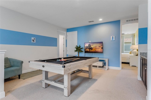 rec room with billiards and light carpet