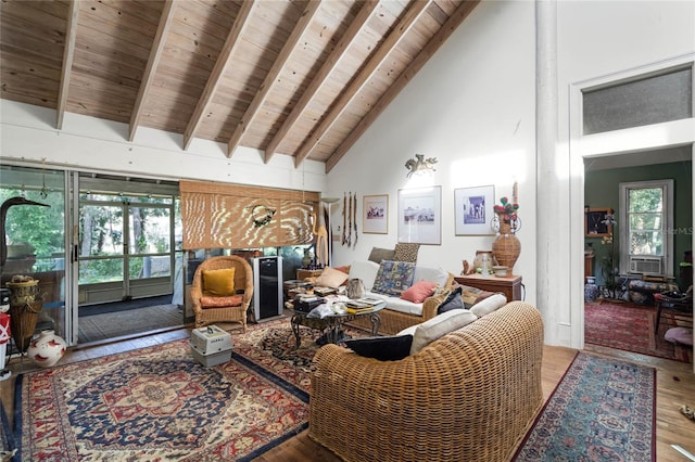 living room featuring wood ceiling, high vaulted ceiling, cooling unit, beamed ceiling, and hardwood / wood-style floors