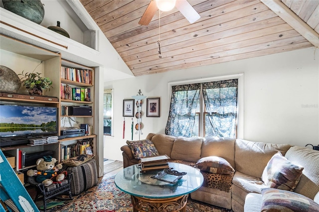 living room with lofted ceiling, wooden ceiling, and ceiling fan