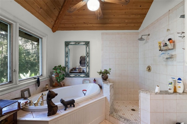 bathroom featuring independent shower and bath, lofted ceiling, wooden ceiling, and ceiling fan