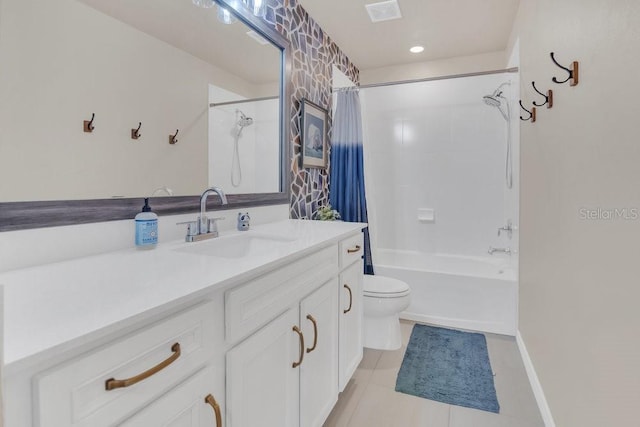 full bathroom with vanity, tile patterned flooring, shower / bath combination with curtain, and toilet