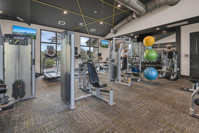 gym with dark colored carpet