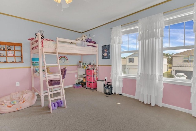 carpeted bedroom featuring ornamental molding