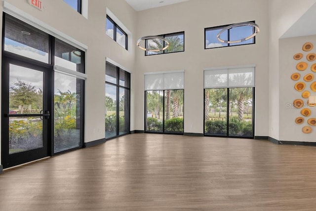 interior space with hardwood / wood-style flooring, plenty of natural light, and a high ceiling