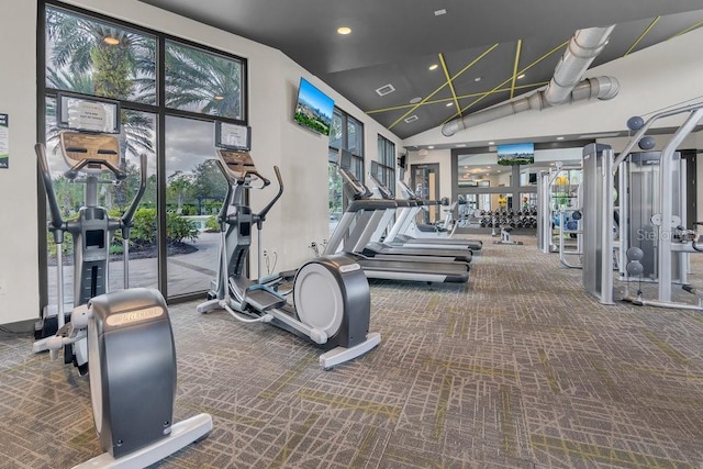 exercise room with carpet floors and high vaulted ceiling