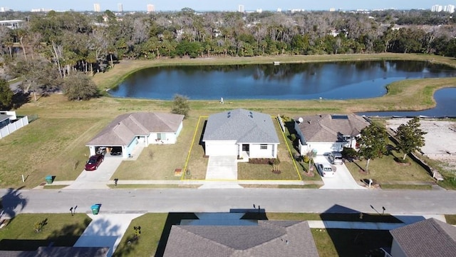 bird's eye view with a water view