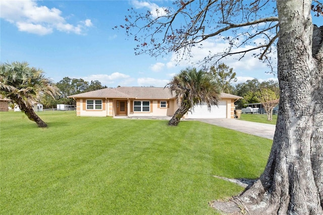 single story home featuring a garage and a front yard