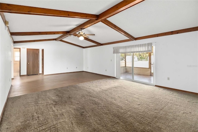 unfurnished living room with lofted ceiling with beams, ceiling fan, and carpet floors