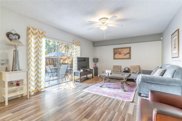 living room with ceiling fan, light hardwood / wood-style floors, and a textured ceiling