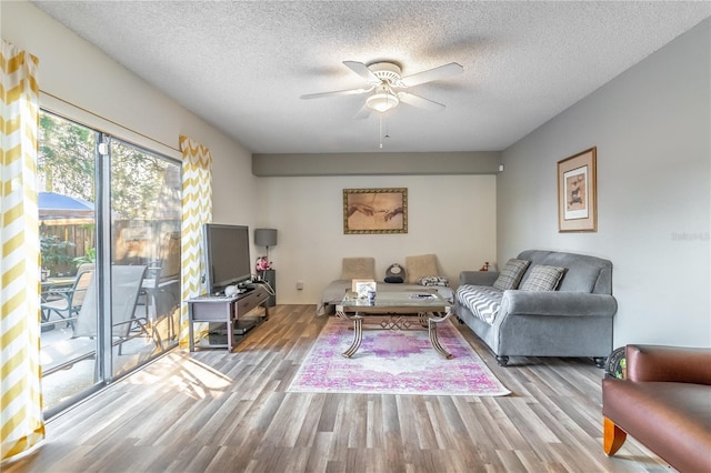 living room featuring ceiling fan, a textured ceiling, and light wood-type flooring