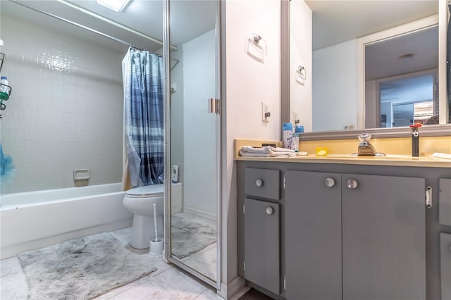 full bathroom featuring shower / tub combo with curtain, vanity, toilet, and tile patterned flooring