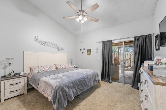 carpeted bedroom featuring a textured ceiling, high vaulted ceiling, ceiling fan, and access to outside