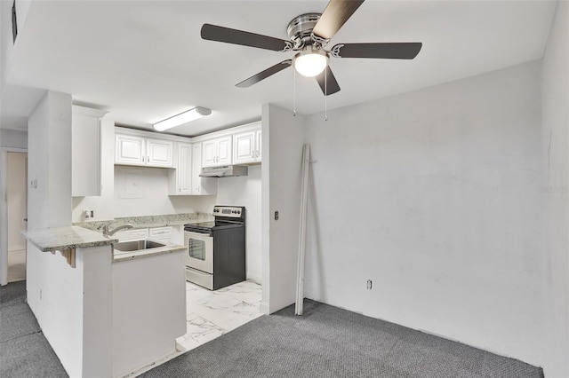 kitchen featuring under cabinet range hood, a peninsula, a sink, white cabinetry, and electric stove