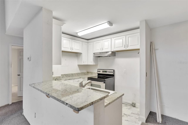 kitchen with under cabinet range hood, a peninsula, white cabinets, electric stove, and light stone countertops