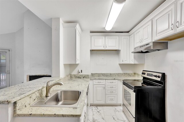 kitchen featuring electric stove, white cabinets, and under cabinet range hood