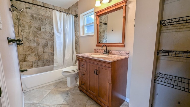 full bathroom featuring vanity, toilet, shower / tub combo with curtain, and tile patterned flooring