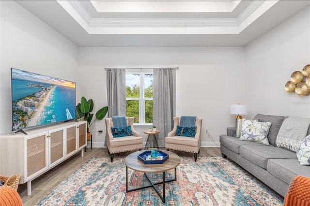 living room featuring wood-type flooring, ornamental molding, and a raised ceiling