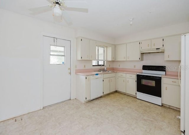 kitchen featuring light floors, light countertops, white cabinetry, white appliances, and under cabinet range hood