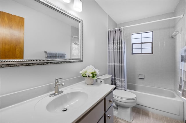 full bathroom with vanity, toilet, and shower / bathtub combination with curtain