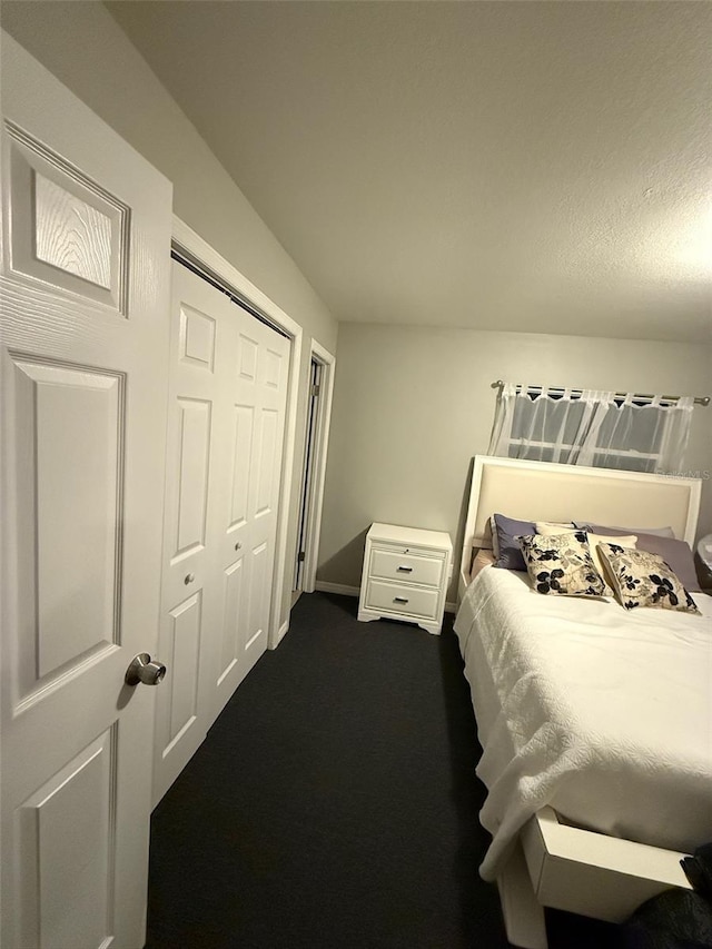 bedroom featuring dark colored carpet and a closet