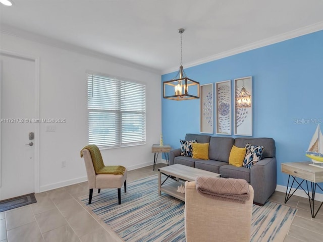 living room featuring a notable chandelier, ornamental molding, and light tile patterned floors