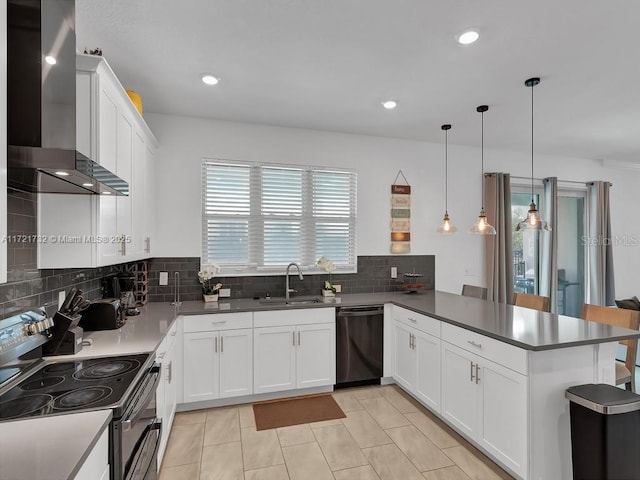 kitchen with kitchen peninsula, dishwasher, hanging light fixtures, sink, and double oven range