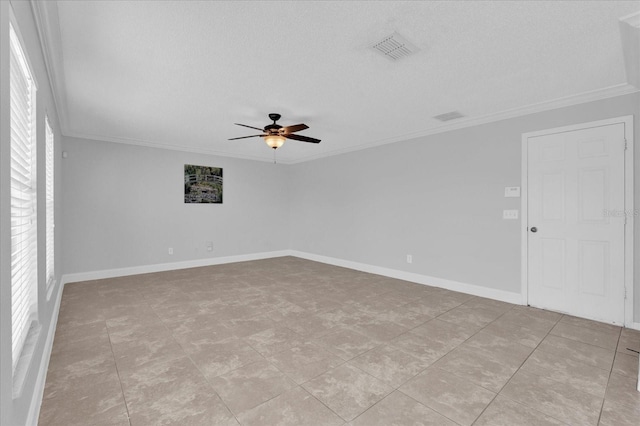 unfurnished room featuring visible vents, baseboards, a ceiling fan, and ornamental molding