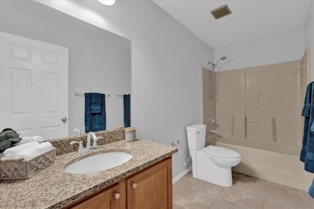 bathroom with visible vents, toilet, shower / bathing tub combination, tile patterned floors, and vanity