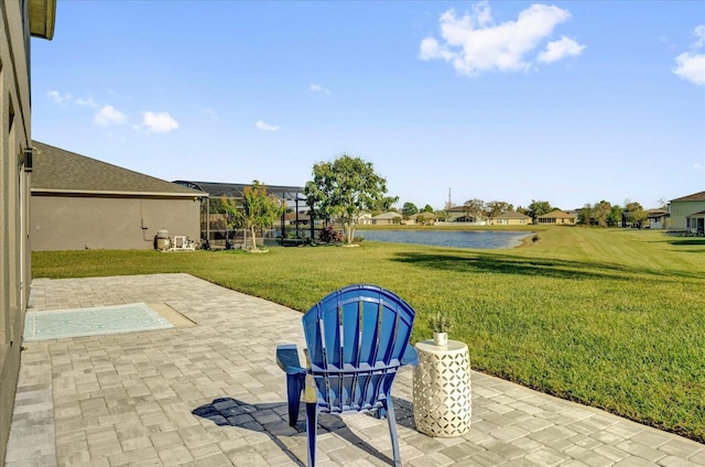 view of patio featuring a water view