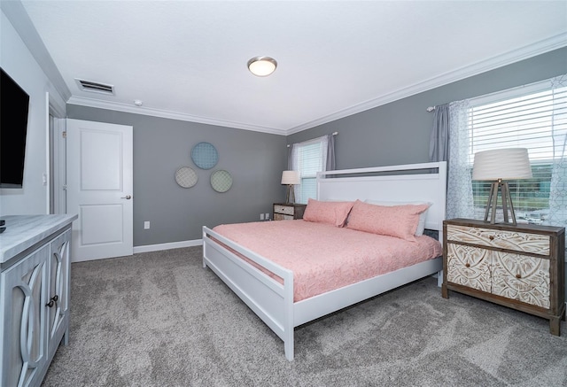 bedroom with light colored carpet, multiple windows, and crown molding