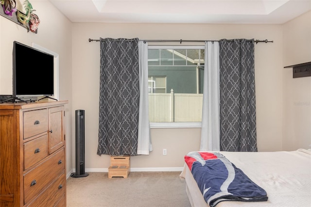 carpeted bedroom featuring a tray ceiling